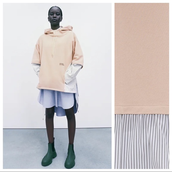 NWT. Zara Beige Contrast Hooded Sweatshirt. Size S. - Picture 1 of 10